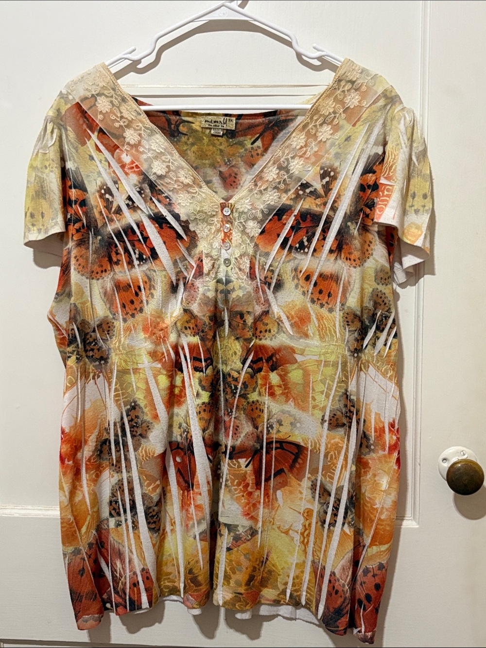ONE WORLD Yellow Orange Butterfly Lace-Trim V-Neck Top